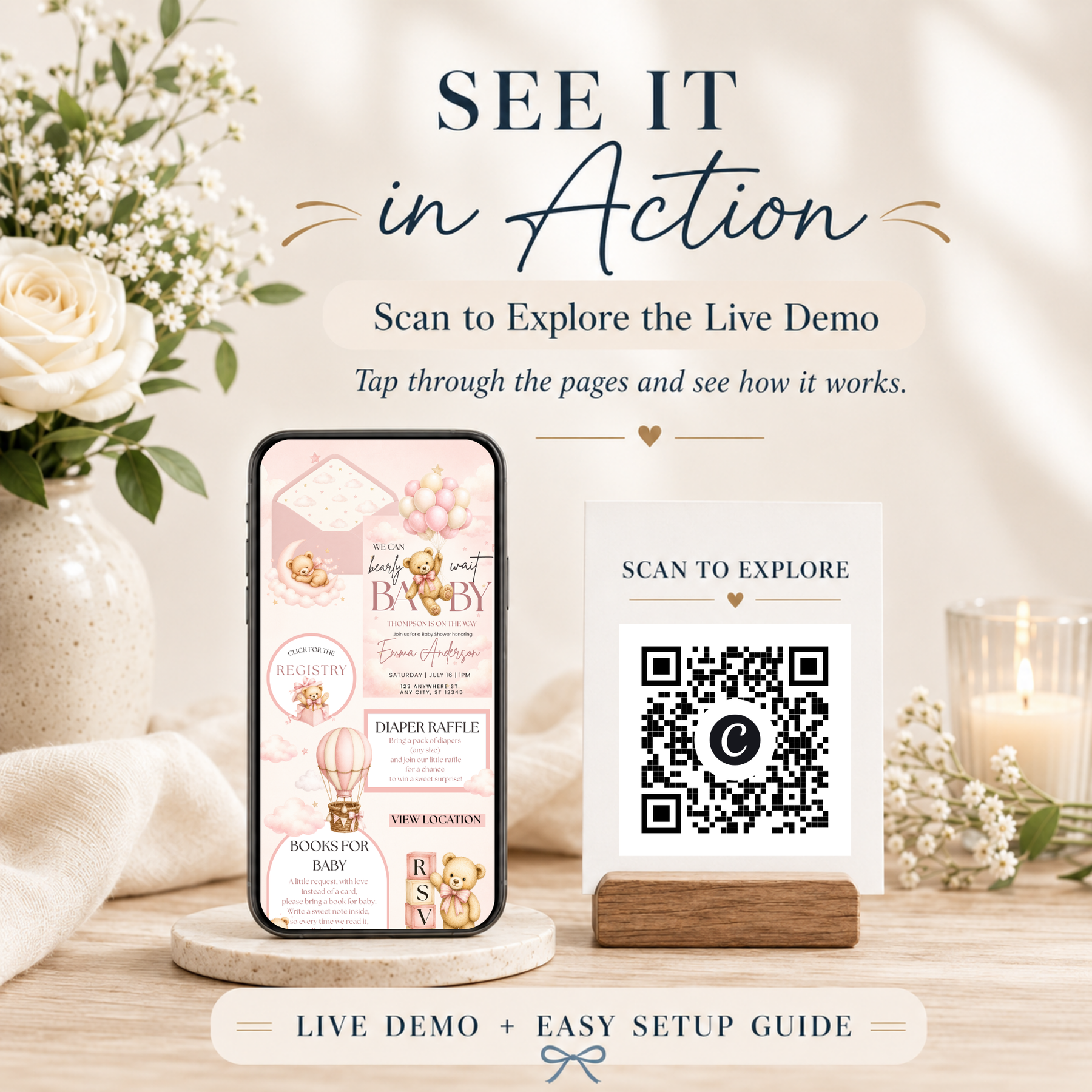 Pink Teddy Bear Baby Shower Website Invitation | Editable Canva RSVP Template