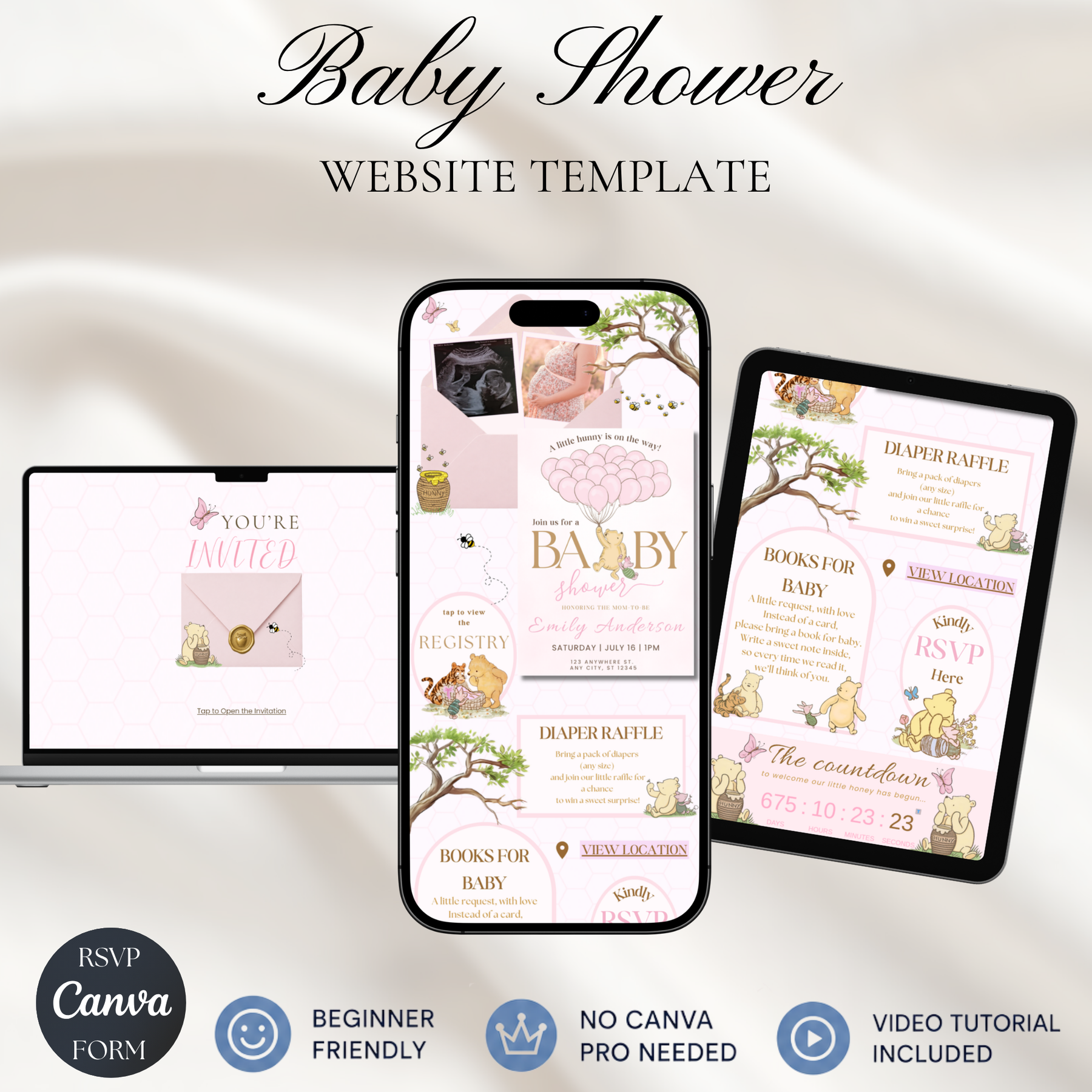 Winnie the Pooh Baby Shower Website Invitation with RSVP | Editable Canva Template for Girl