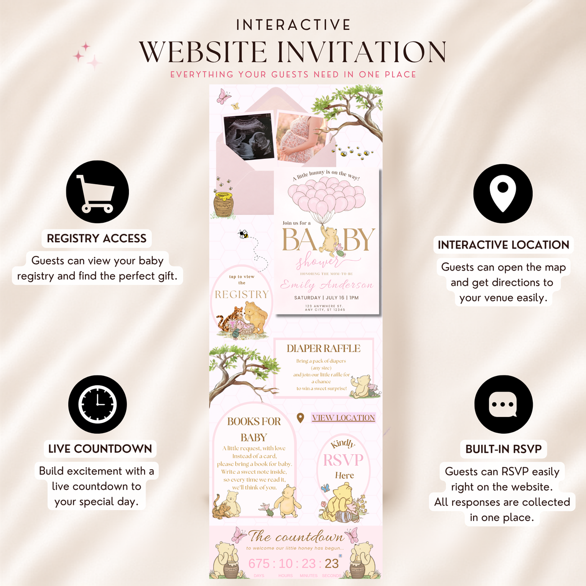 Winnie the Pooh Baby Shower Website Invitation with RSVP | Editable Canva Template for Girl