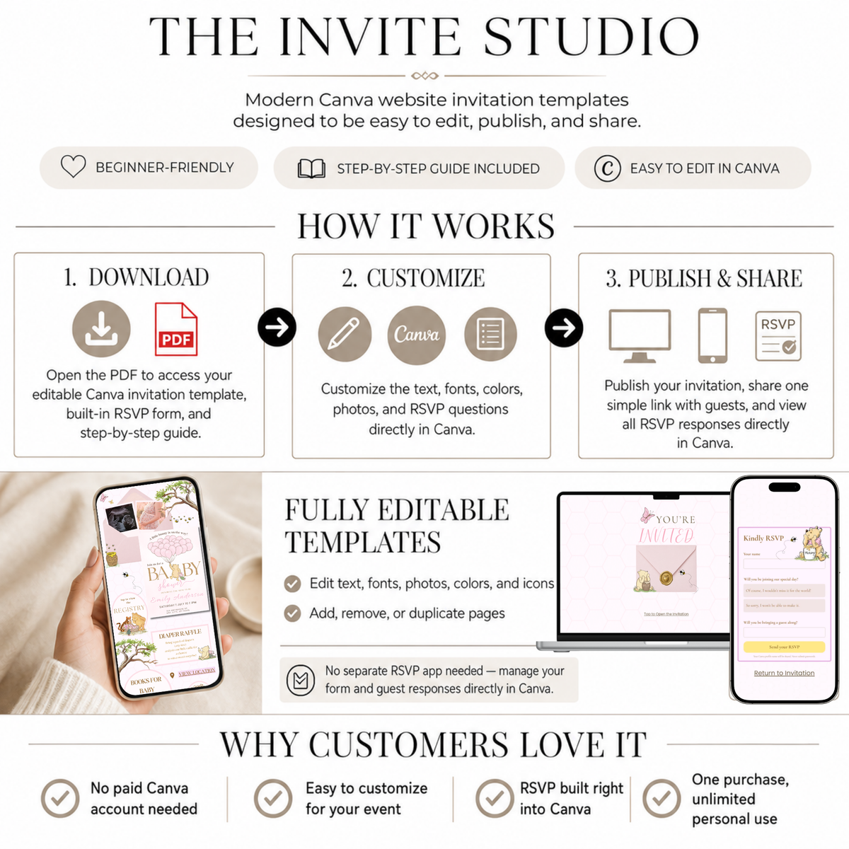Winnie the Pooh Baby Shower Website Invitation with RSVP | Editable Canva Template for Girl