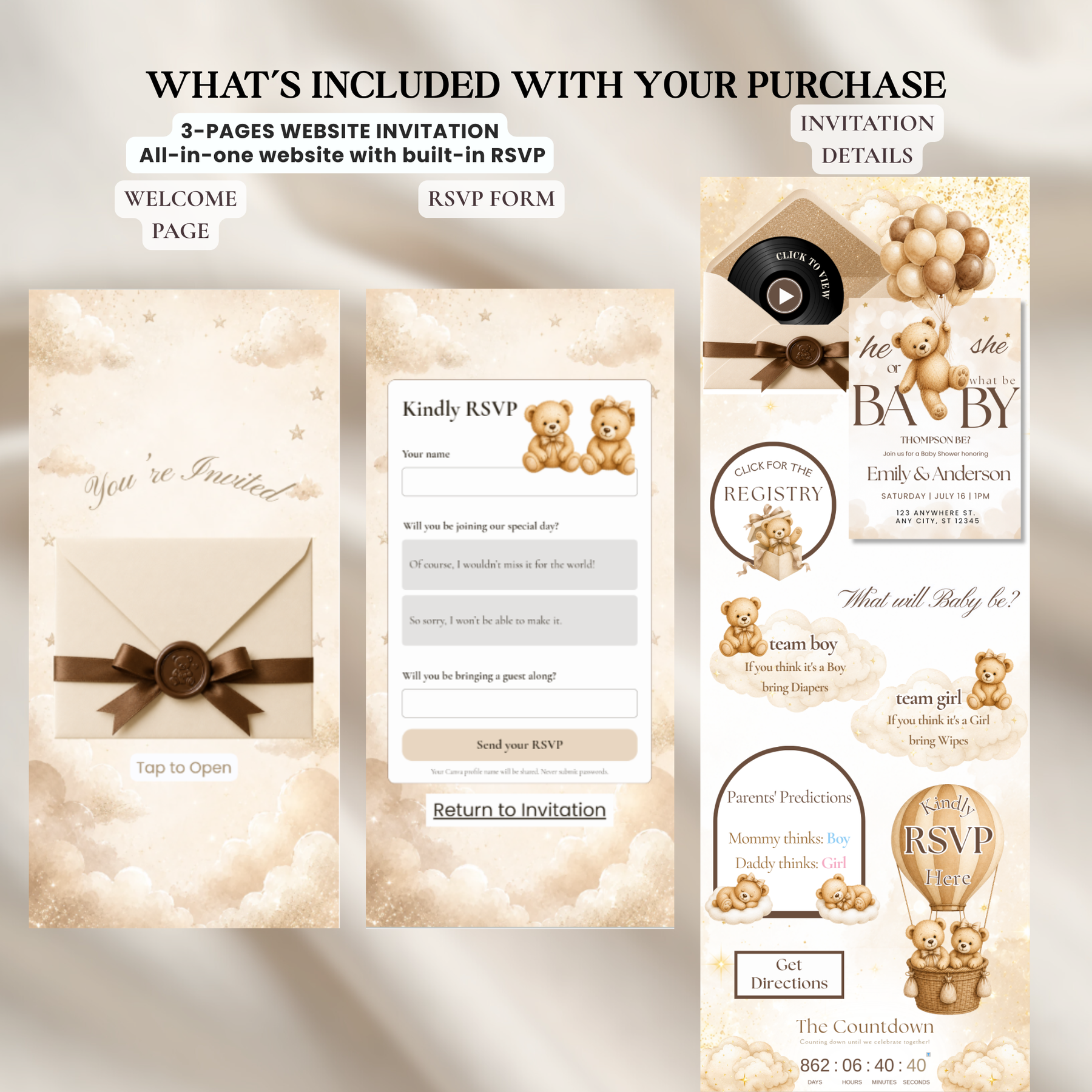 We Can Bearly Wait Gender Reveal Website Invitation | Teddy Bear Digital Invite with RSVP