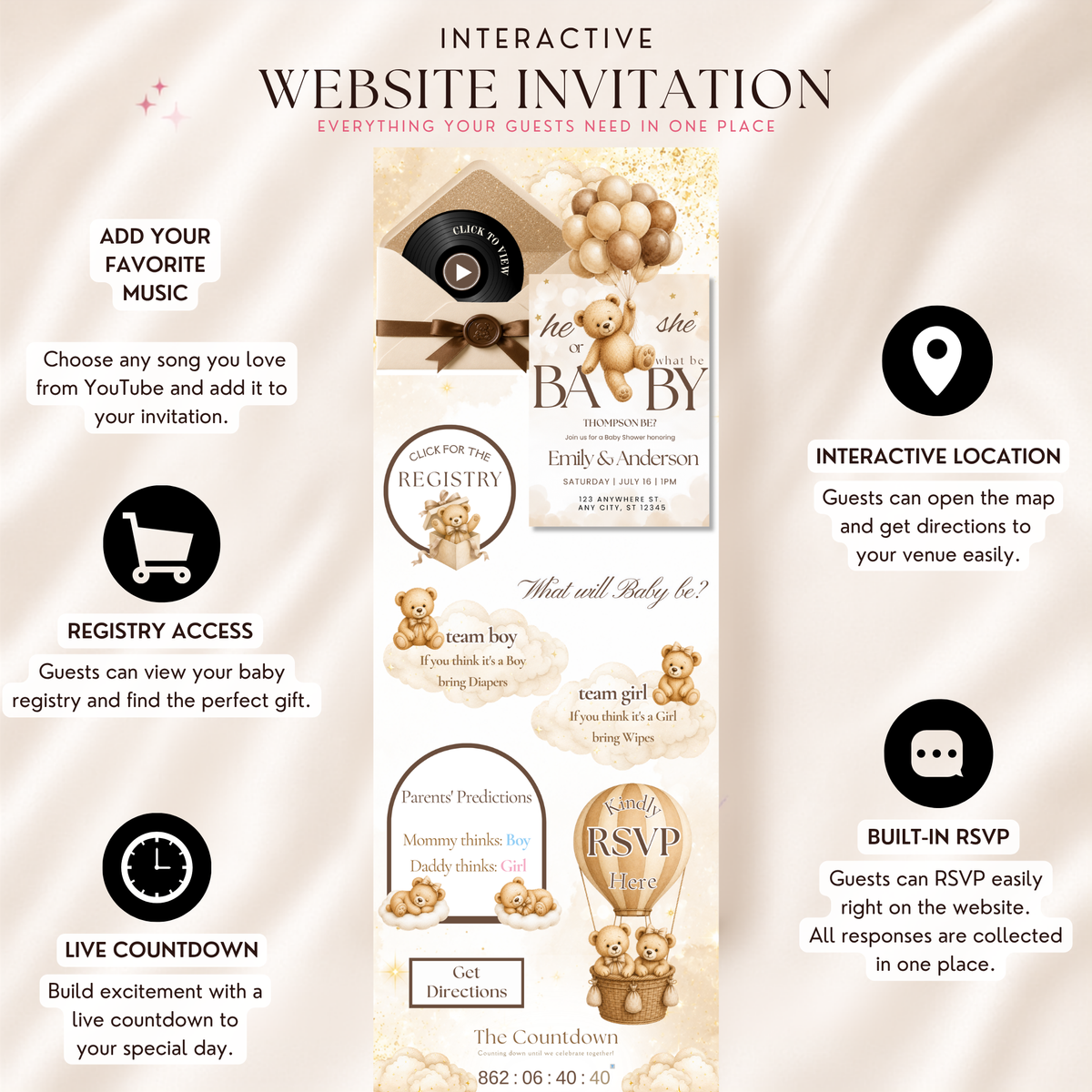 We Can Bearly Wait Gender Reveal Website Invitation | Teddy Bear Digital Invite with RSVP
