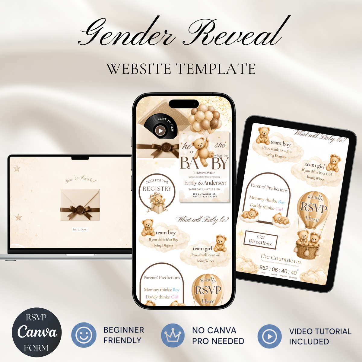 We Can Bearly Wait Gender Reveal Website Invitation | Teddy Bear Digital Invite with RSVP