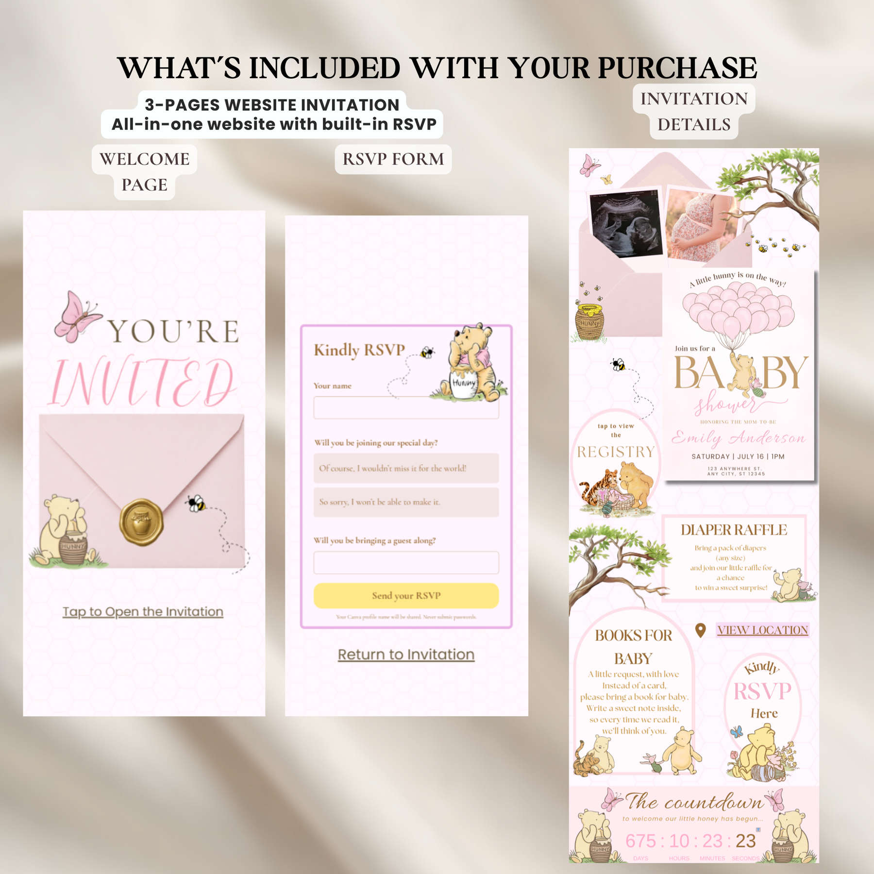 Winnie the Pooh Baby Shower Website Invitation with RSVP | Editable Canva Template for Girl