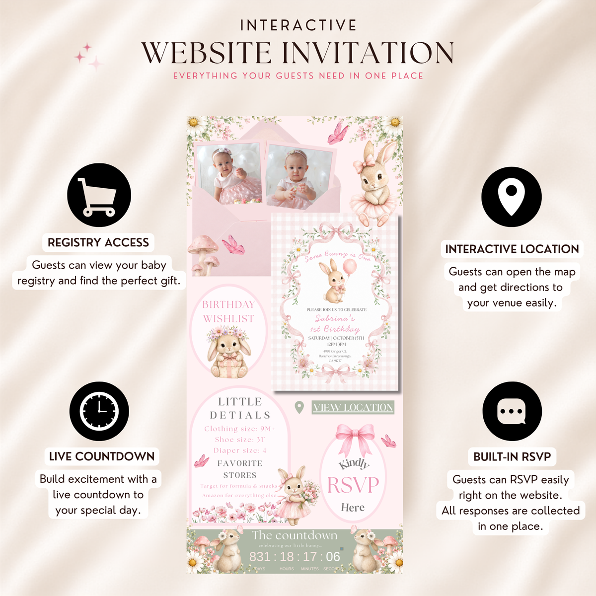 Some Bunny Is One First Birthday Website Invitation with RSVP | Pink Bow Bunny Editable Canva Template