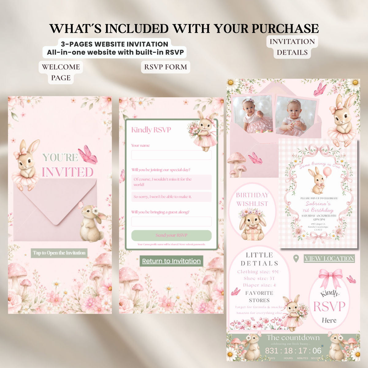 Some Bunny Is One First Birthday Website Invitation with RSVP | Pink Bow Bunny Editable Canva Template