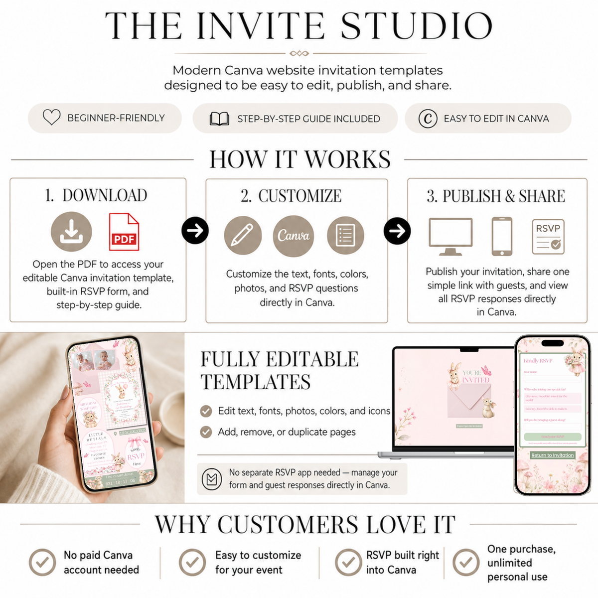 Some Bunny Is One First Birthday Website Invitation with RSVP | Pink Bow Bunny Editable Canva Template