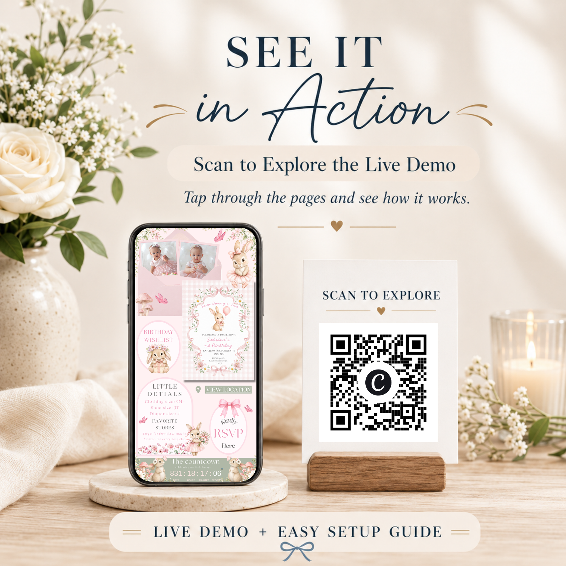 Some Bunny Is One First Birthday Website Invitation with RSVP | Pink Bow Bunny Editable Canva Template