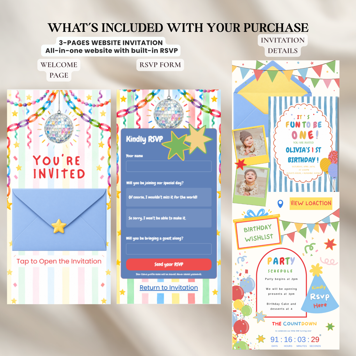 It’s Fun to Be One 1st Birthday Website Invitation | Editable Canva Template with RSVP