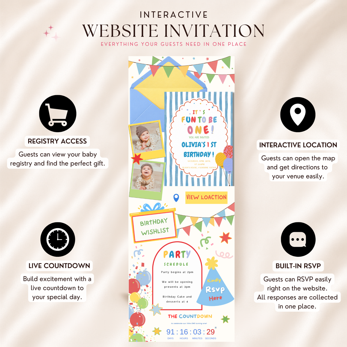 It’s Fun to Be One 1st Birthday Website Invitation | Editable Canva Template with RSVP