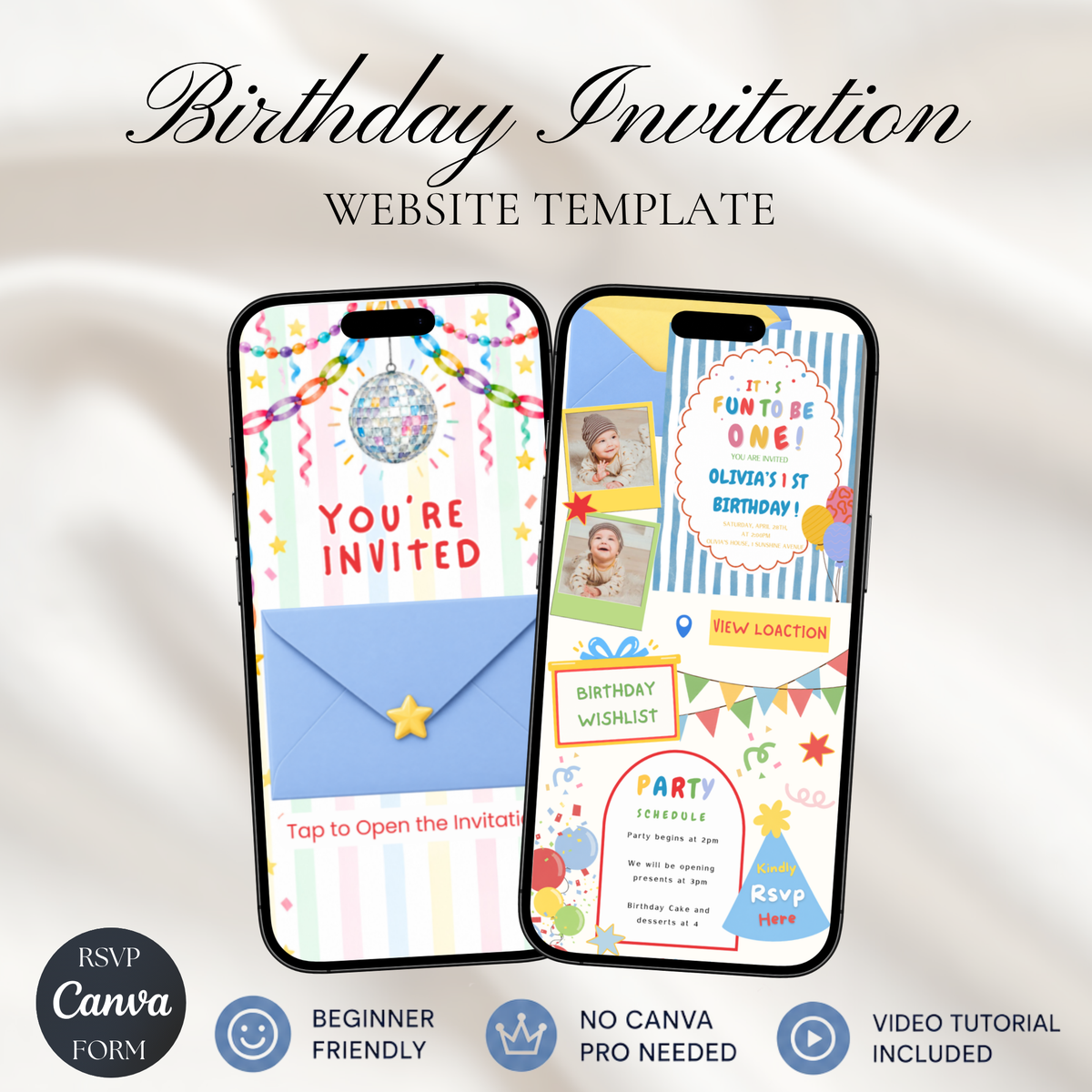 It’s Fun to Be One 1st Birthday Website Invitation | Editable Canva Template with RSVP