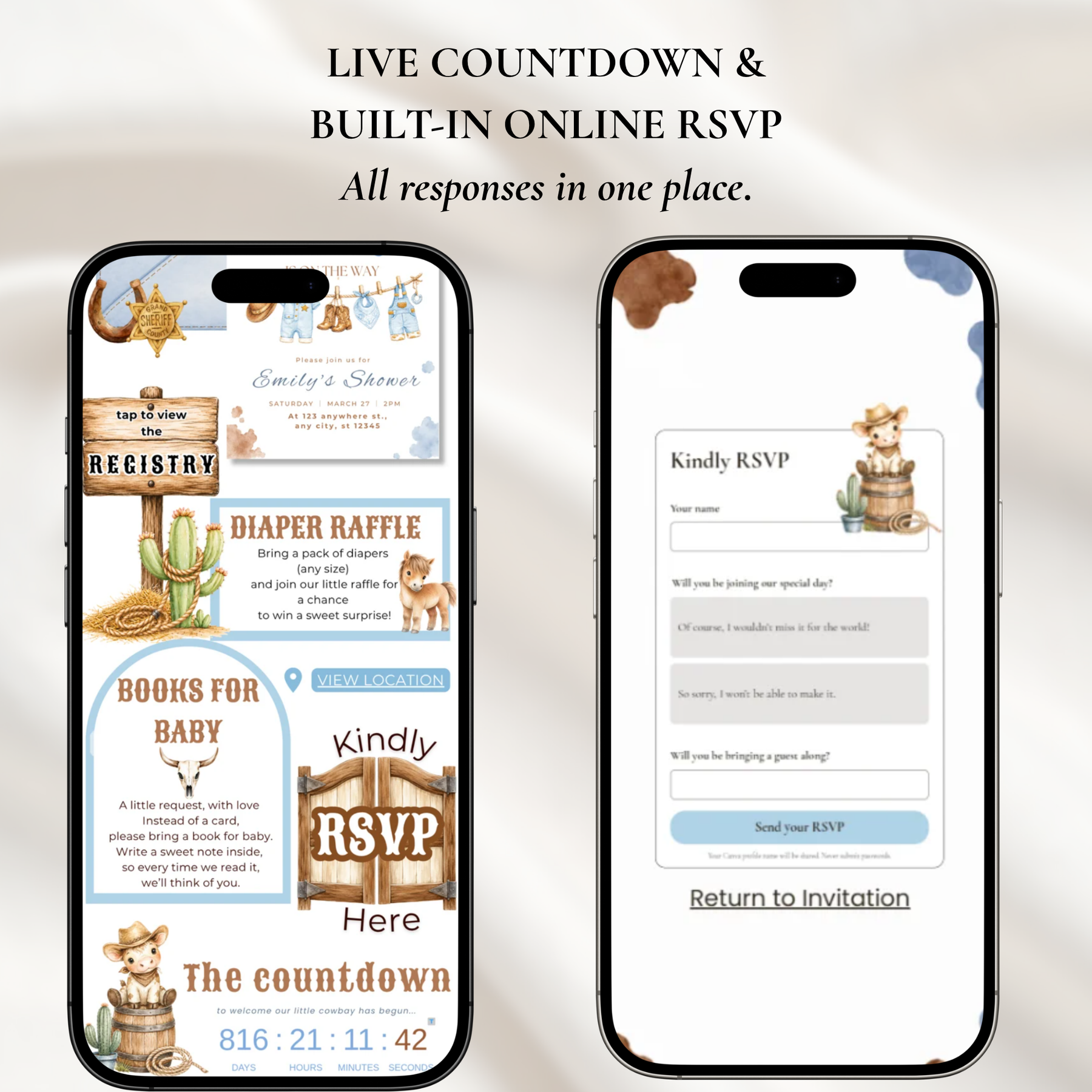 Cowboy Baby Shower Website Invitation with RSVP | Editable Canva Template