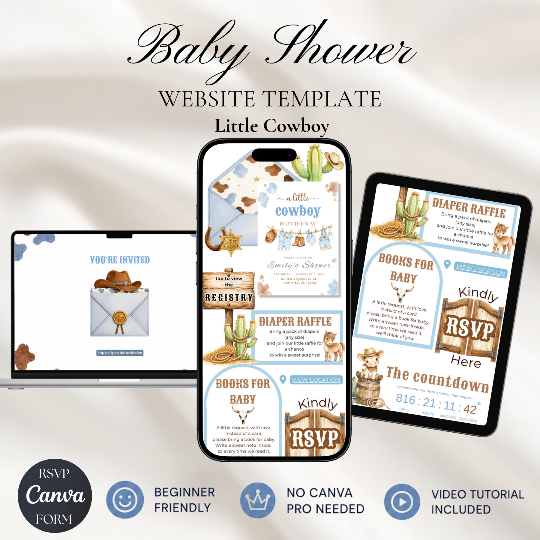 Cowboy Baby Shower Website Invitation with RSVP | Editable Canva Template