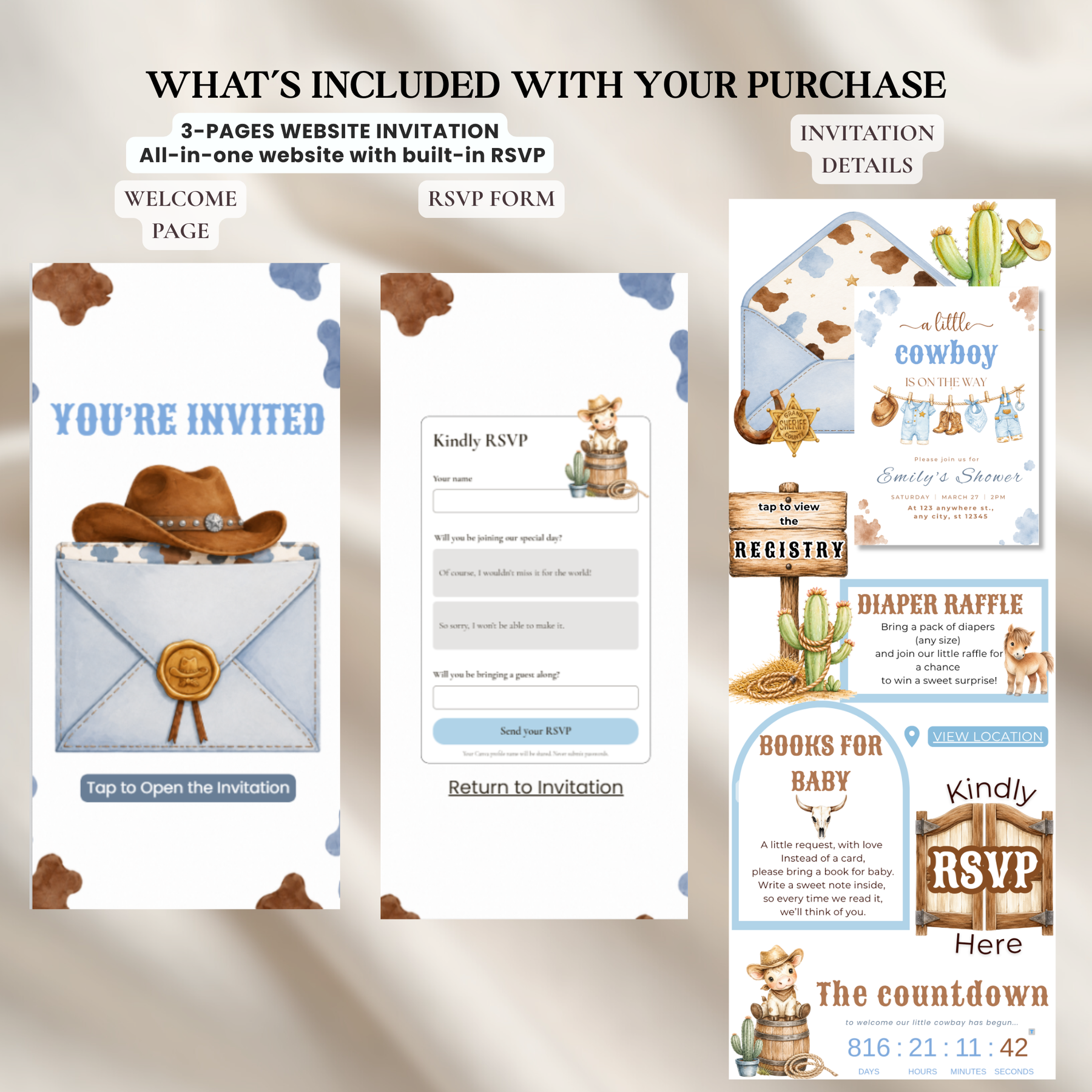 Cowboy Baby Shower Website Invitation with RSVP | Editable Canva Template