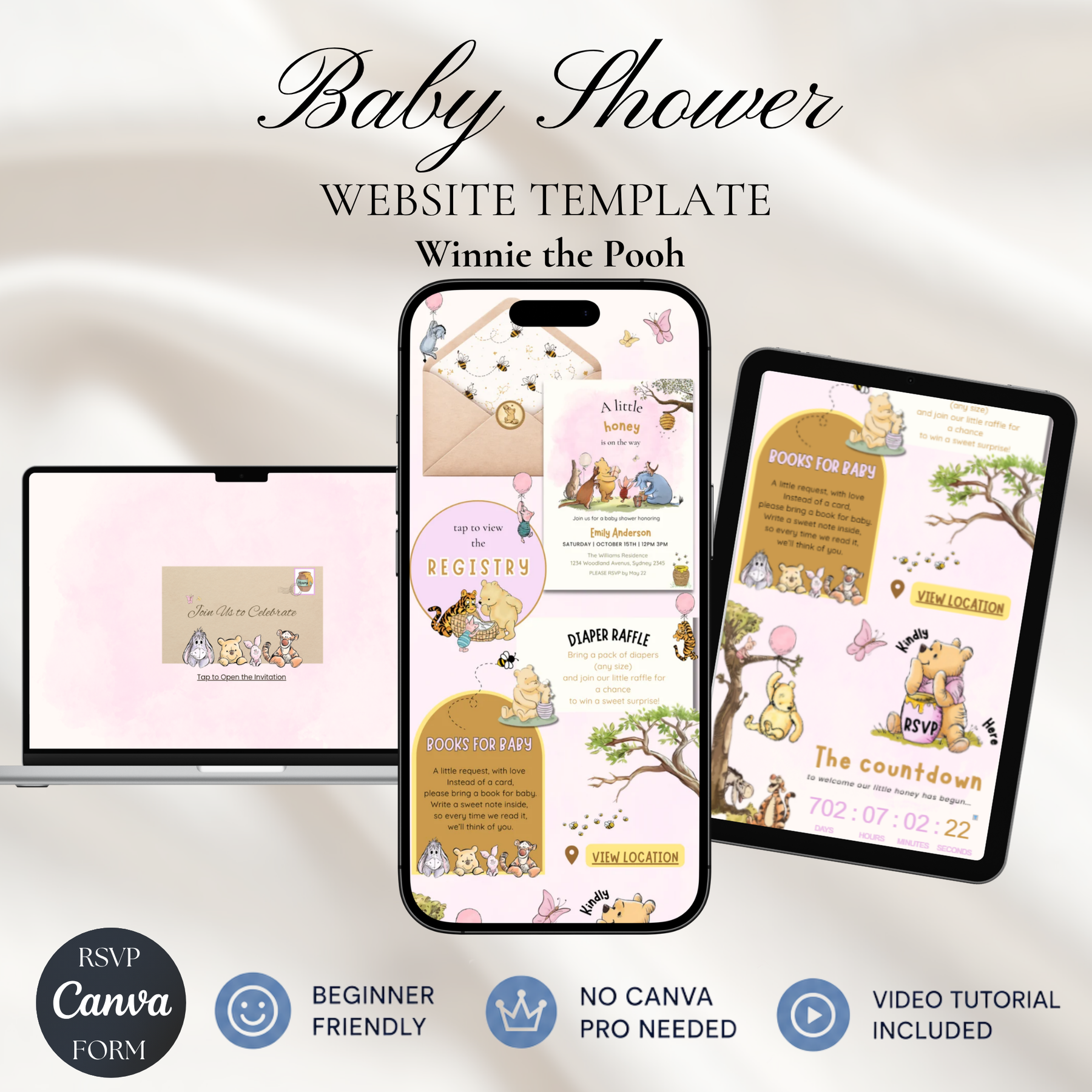 Pink Winnie the Pooh Baby Shower Website Invitation with RSVP | Editable Canva Template