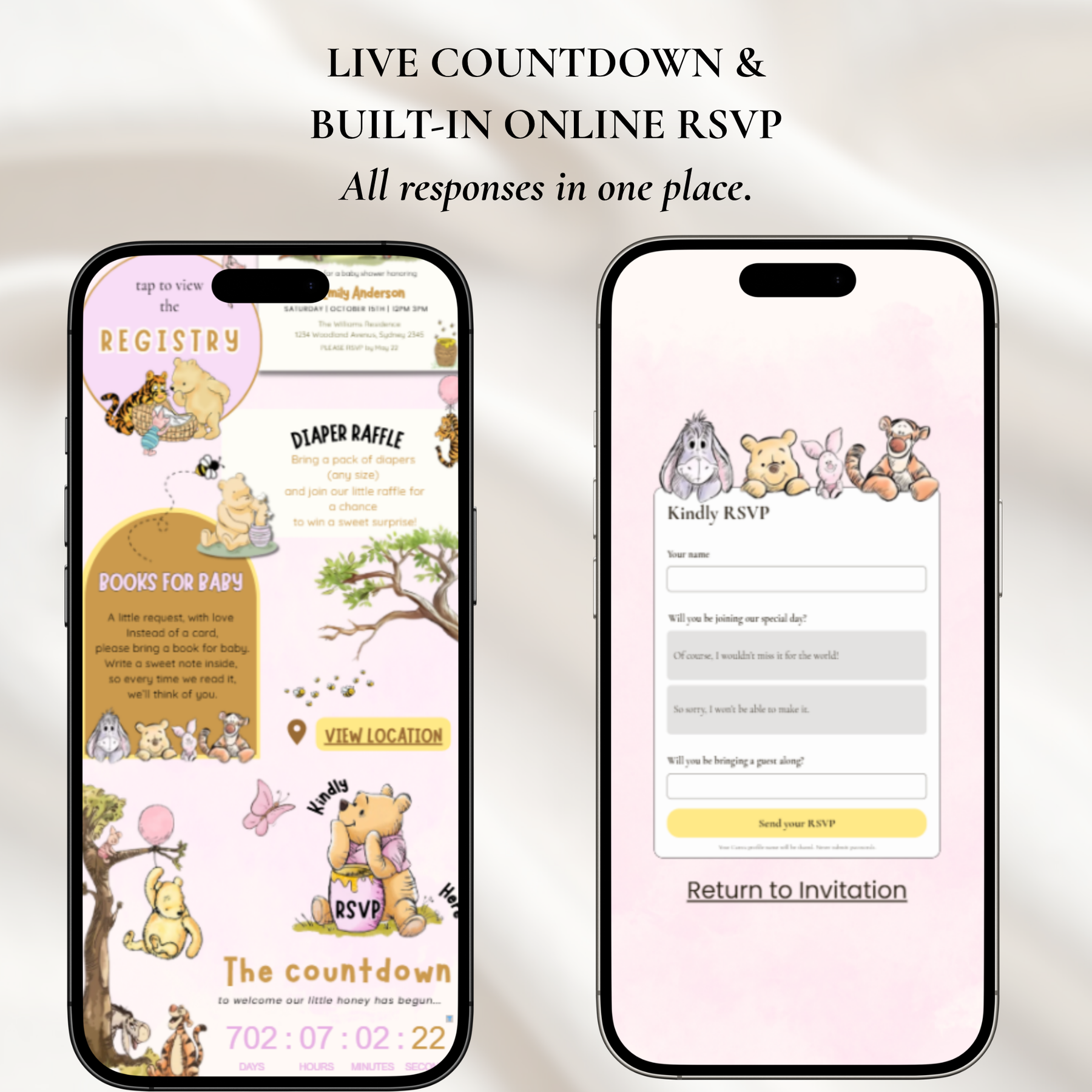 Pink Winnie the Pooh Baby Shower Website Invitation with RSVP | Editable Canva Template