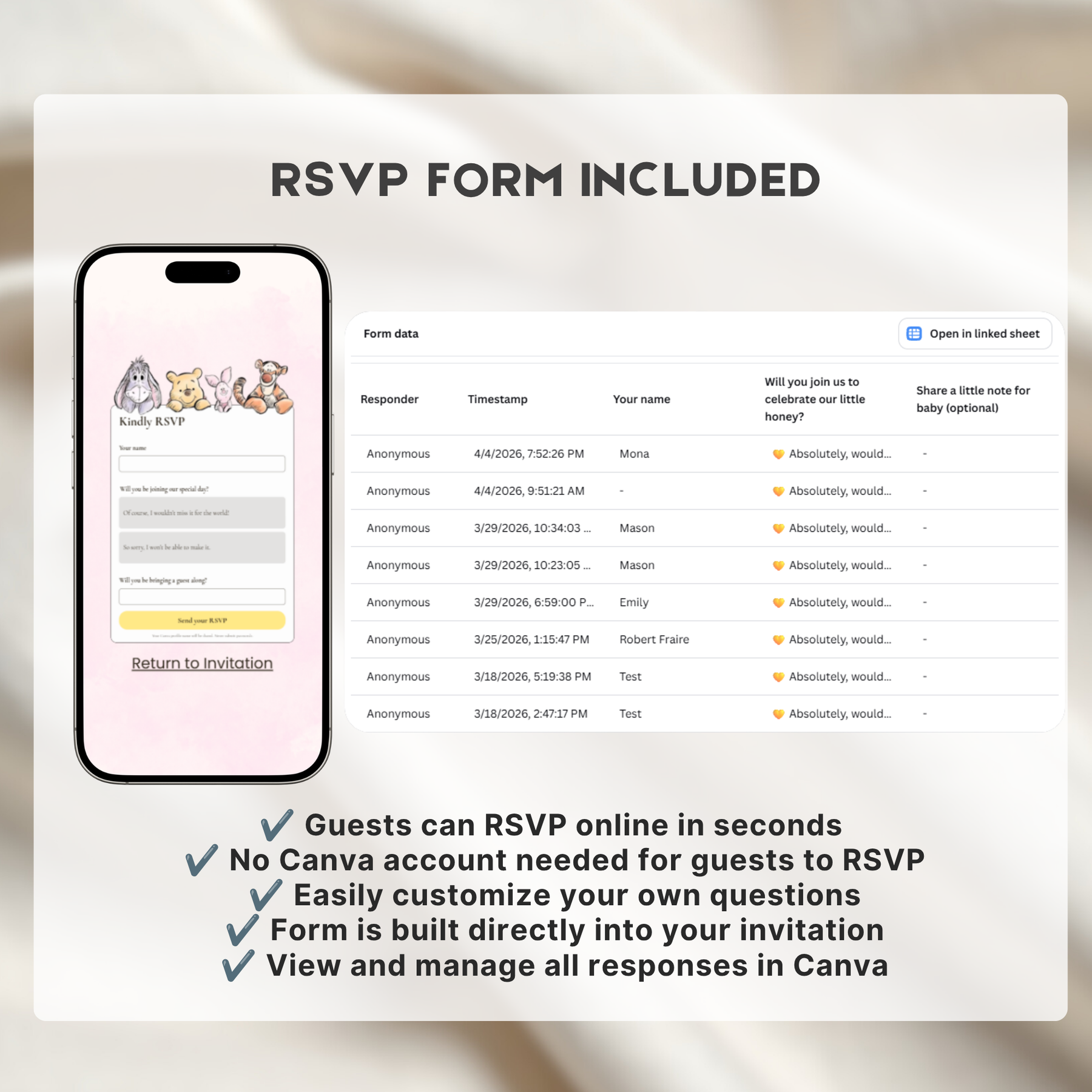 Pink Winnie the Pooh Baby Shower Website Invitation with RSVP | Editable Canva Template