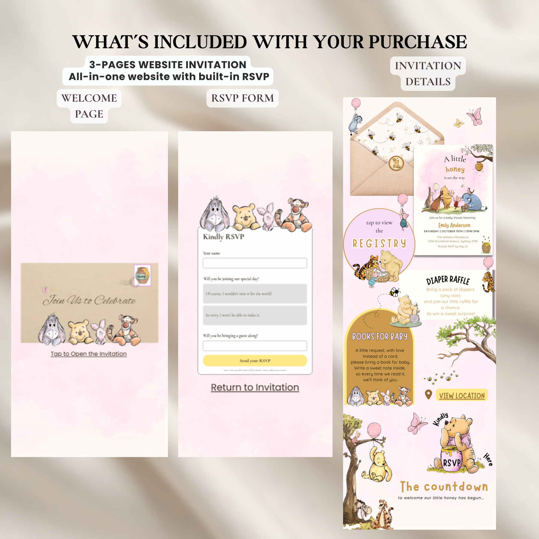 Pink Winnie the Pooh Baby Shower Website Invitation with RSVP | Editable Canva Template
