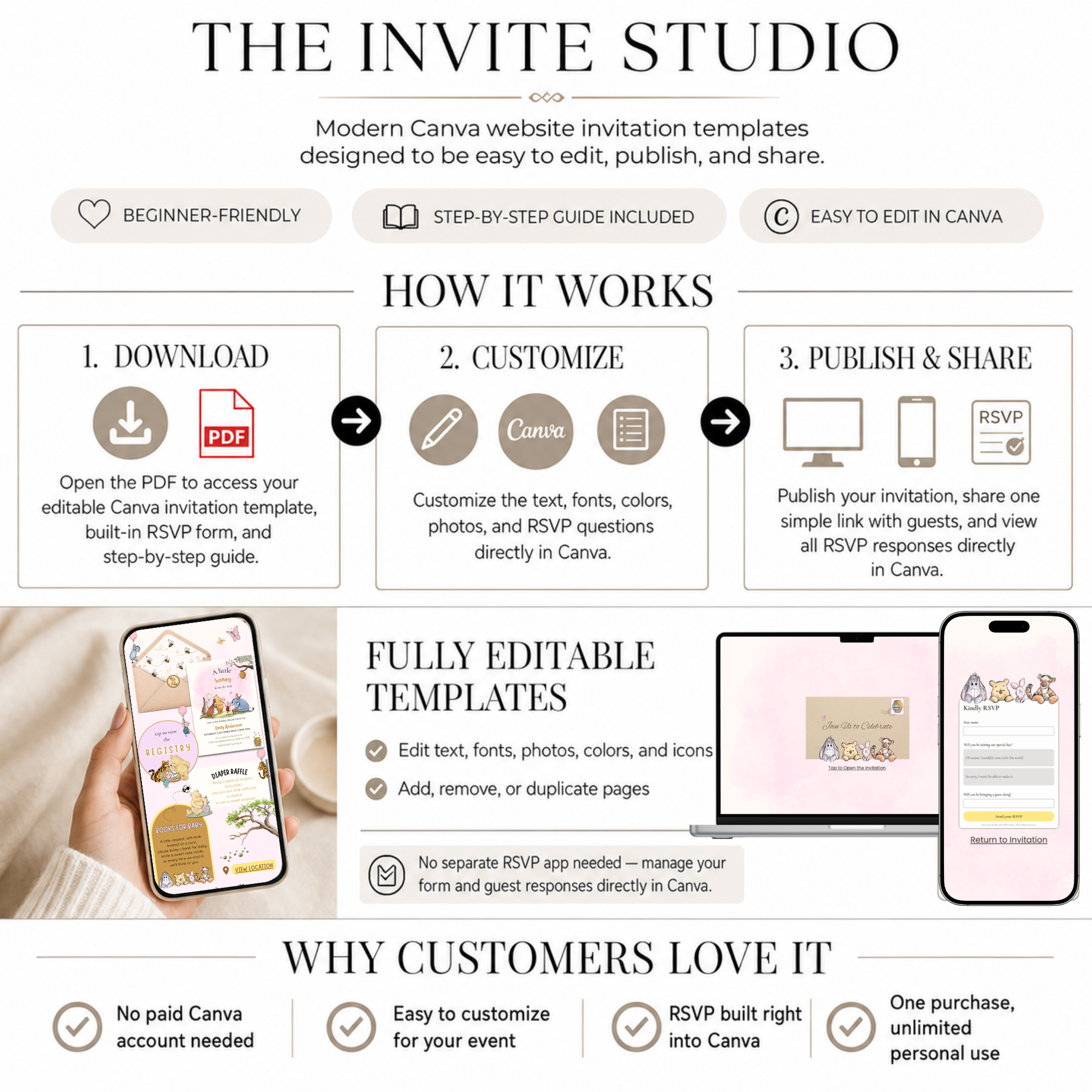 Pink Winnie the Pooh Baby Shower Website Invitation with RSVP | Editable Canva Template