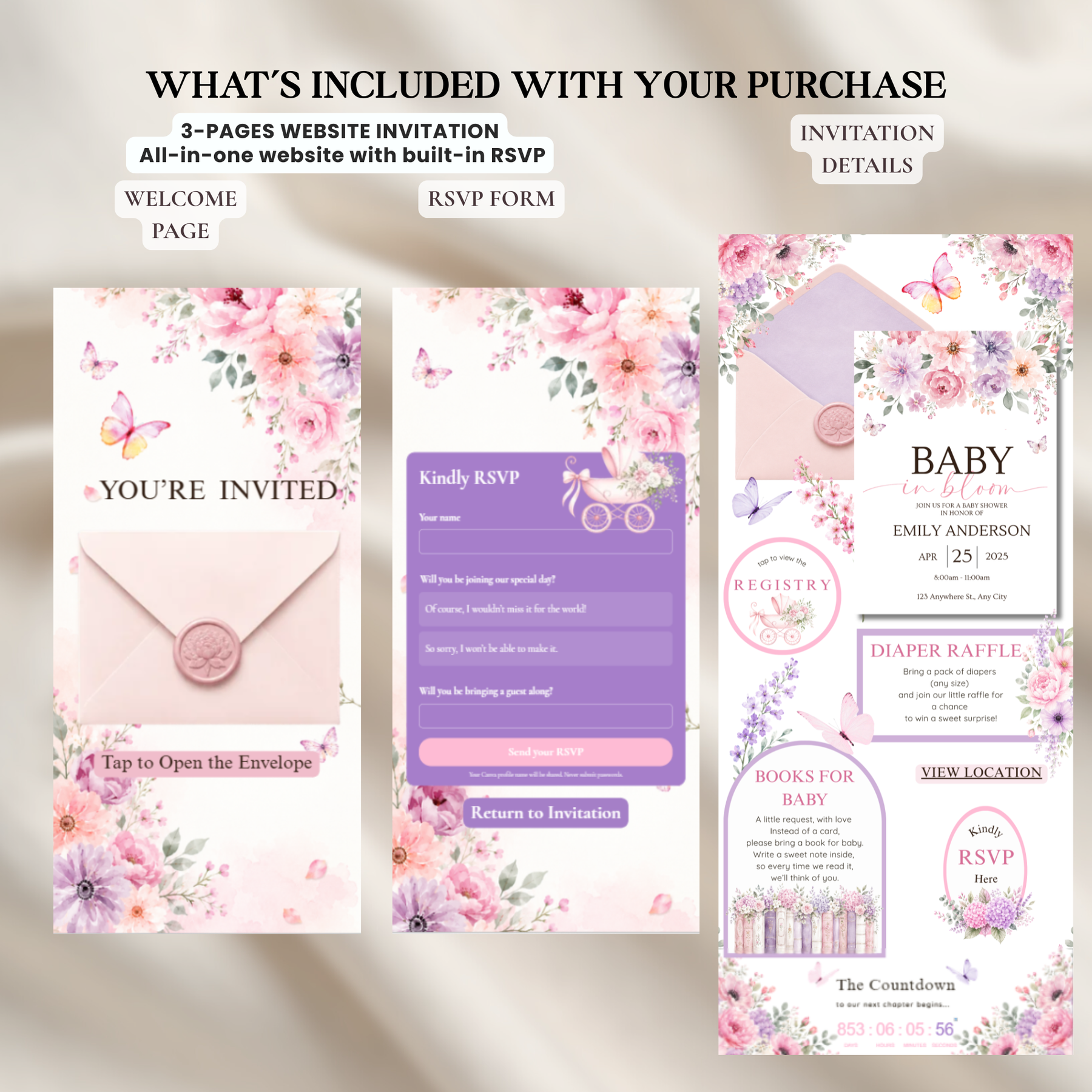 Baby in Bloom Butterfly Baby Shower Invitation | Pink & Purple Wildflower Invite